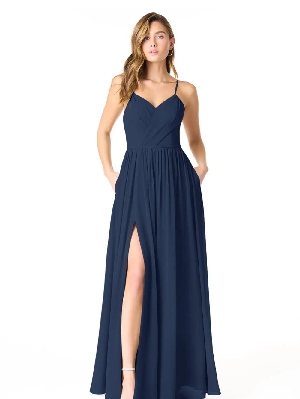 Azazie Navy Blue Spaghetti Strap Maxi Dress with Front Slit